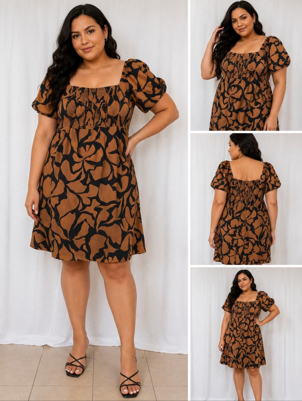 A New Day Linen Blend Floral Mini Dress Rust Black Puff Sleeve Size L